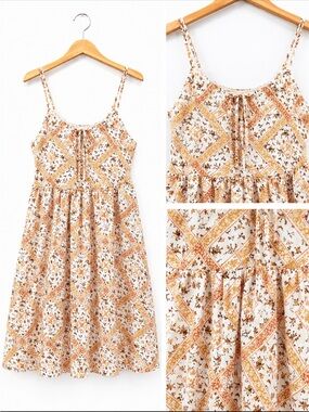 Altar'd State Cream Maxi Dress with Tan & Rust Floral Patchwork